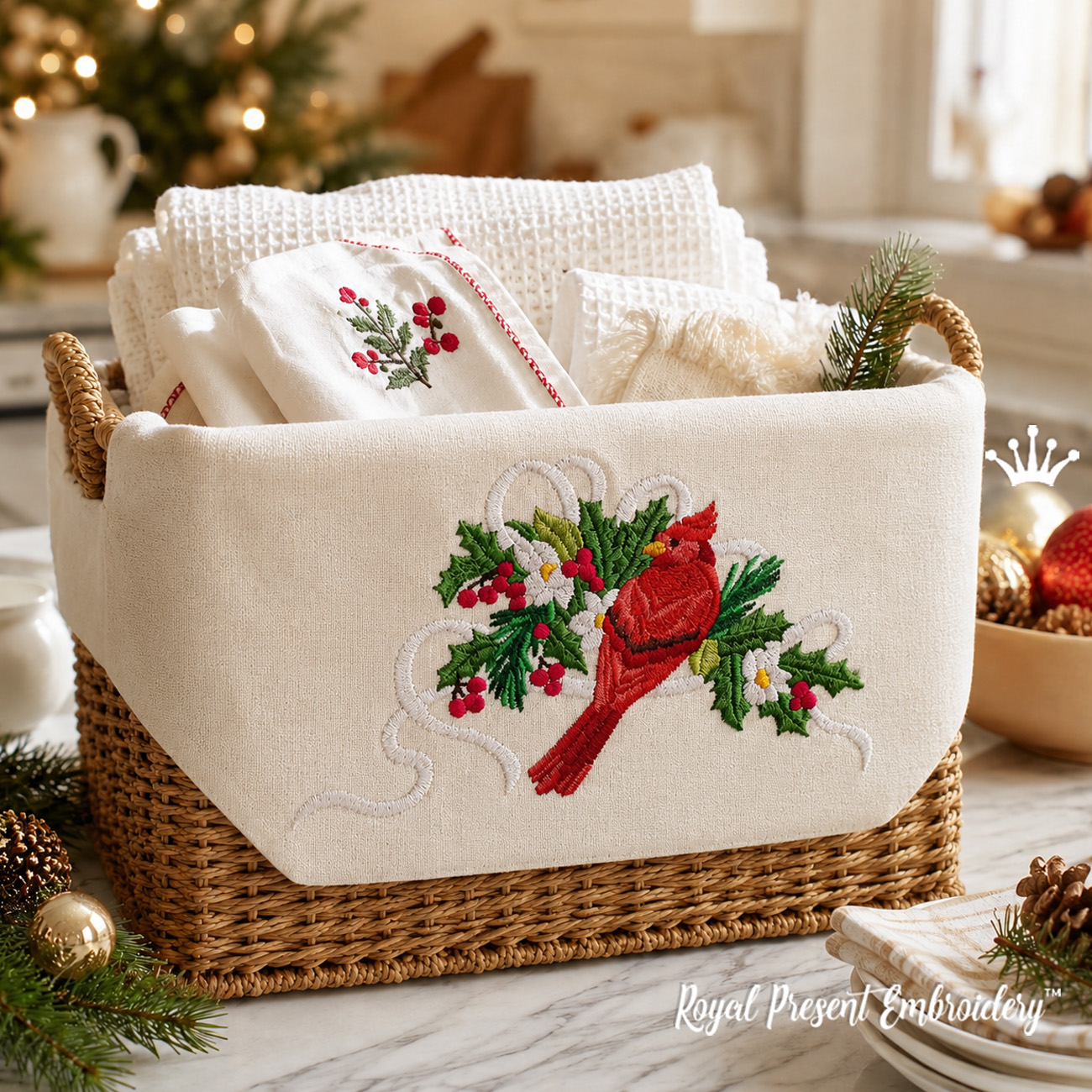 Festive bullfinch machine embroidery design in two sizes