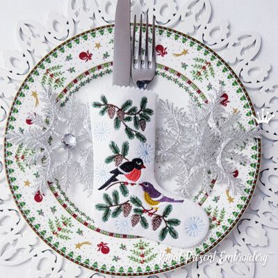 ITH Christmas cutlery stocking with bullfinch and tit machine embroidery design