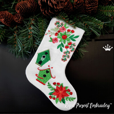 ITH Christmas stocking with birdhouses machine embroidery design in six sizes