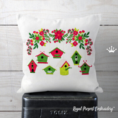 Christmas birdhouses machine embroidery designs in three sizes