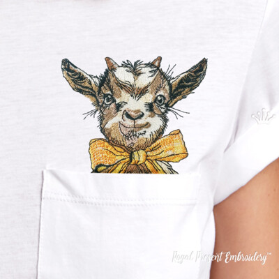 Pocket baby goat with bow machine embroidery design