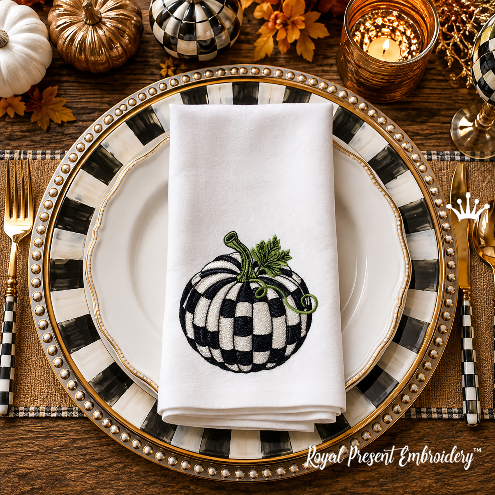 Black and White Checkered Pumpkin machine embroidery design