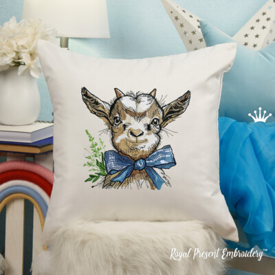Large baby goat with bow machine embroidery design