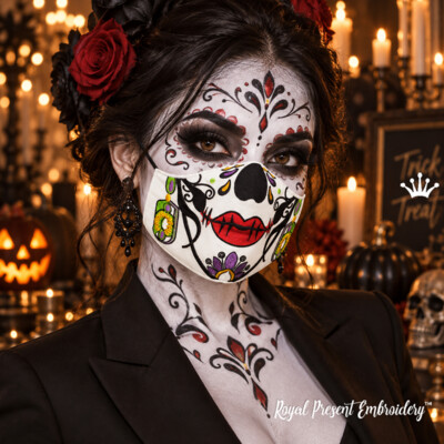 ITH Sugar Skull face mask with earrings free machine embroidery design