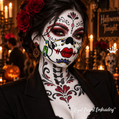 Sugar Skull face mask with earrings machine embroidery design