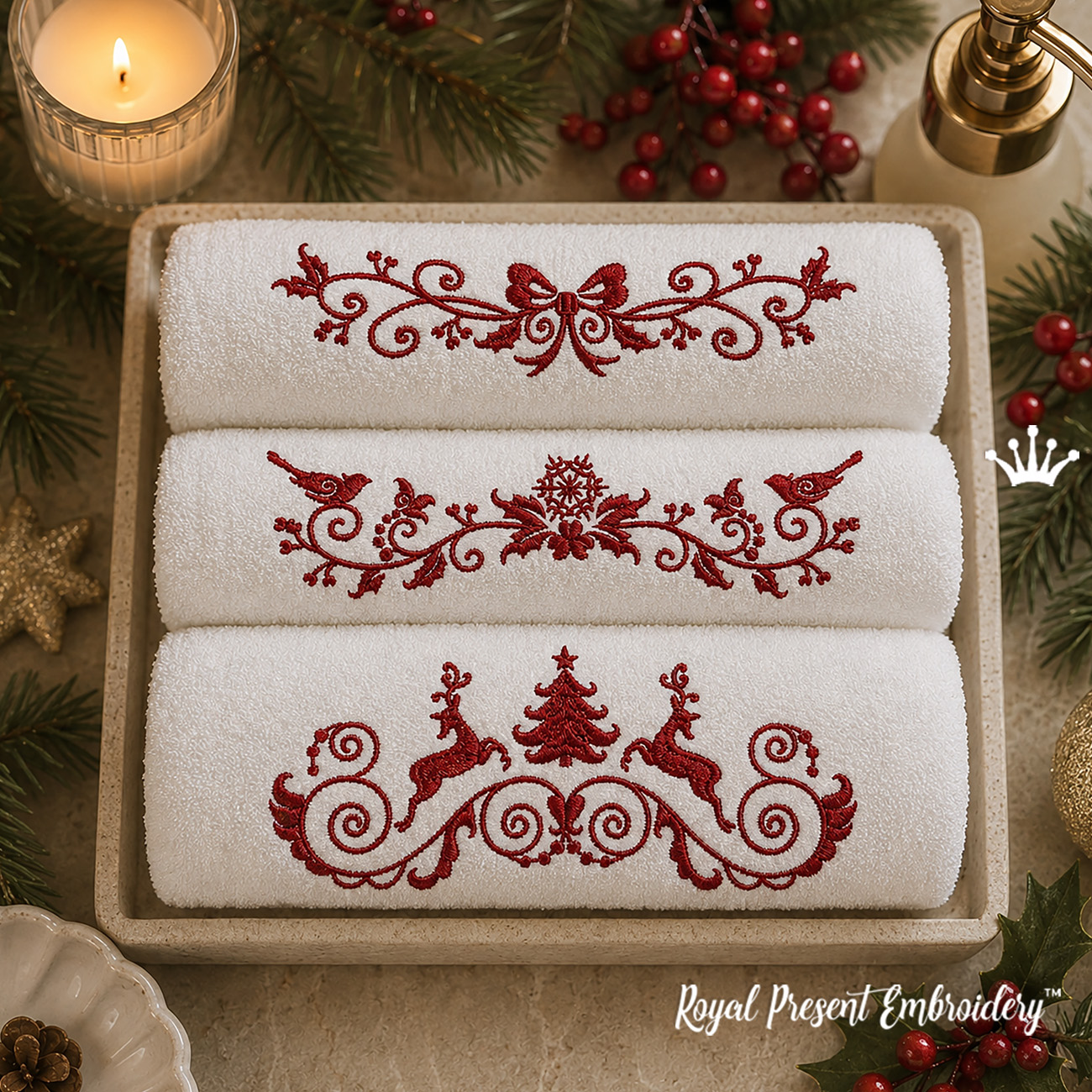 Christmas borders with birds deer and bow set of three machine embroidery designs