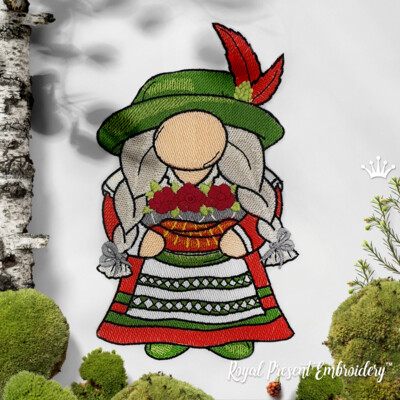 German Gnome Girl with sausage machine embroidery design