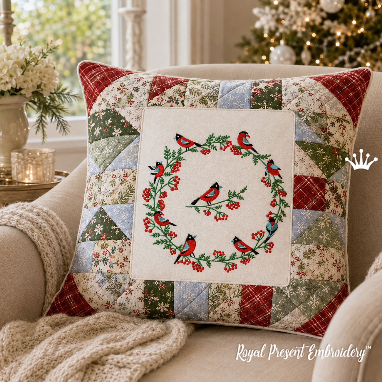 Christmas wreath with bullfinches and rowan berries machine embroidery designs