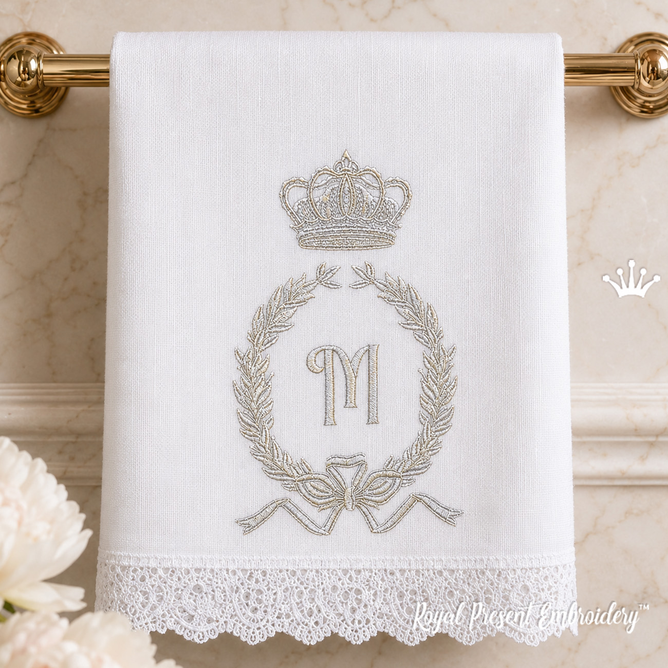 Crown and laurel wreath monogram frame machine embroidery design