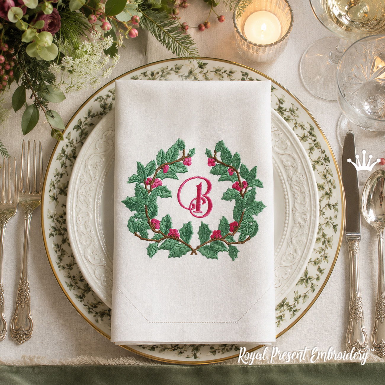 Holly monogram frame with bow machine embroidery design