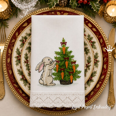 Lapin décorant un sapin de Noël avec des carottes, motif de broderie machine