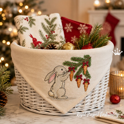 Lapin retirant des décorations carottes du sapin de Noël, motif de broderie machine
