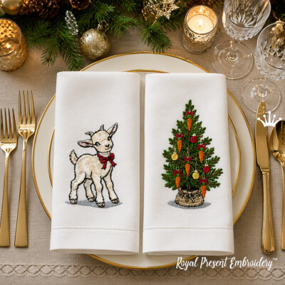 Chevreau et sapin de Noël aux décorations carottes, lot de motifs de broderie machine