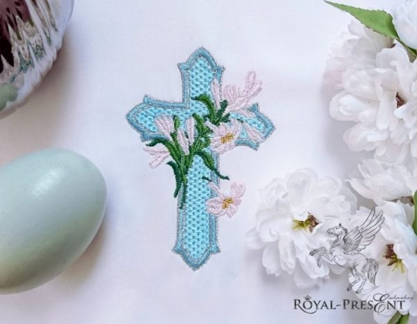 Дизайн машинной вышивки Голубой Пасхальный Крест с лилиями - 2 размера