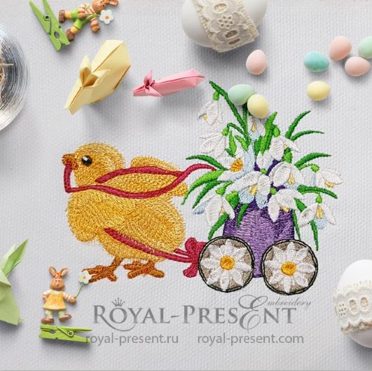 Дизайн машинной вышивки Пасхальный цыпленок везет яйцо с цветами