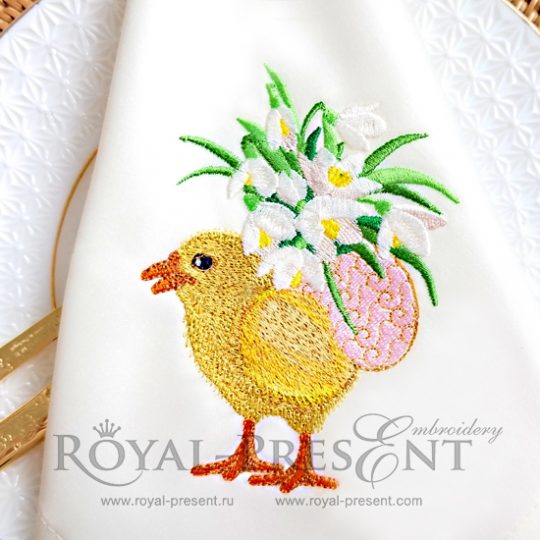Дизайн машинной вышивки Пасхальный цыпленок несет яйцо с цветами