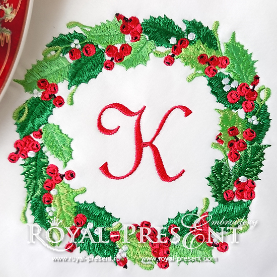 Новогодний дизайн машинной вышивки Рождественский венок с ягодами