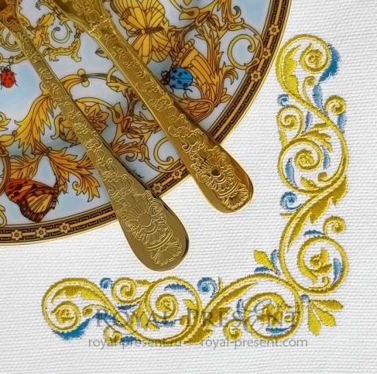 Золото с голубым Угловой Дизайн машинной вышивки - 3 размера