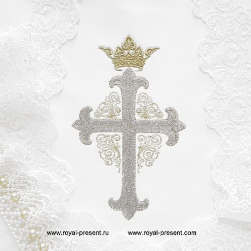 Дизайн машинной вышивки Крест с короной и орнаментом