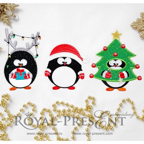 Дизайны машинной вышивки Смешные новогодние Пингвины